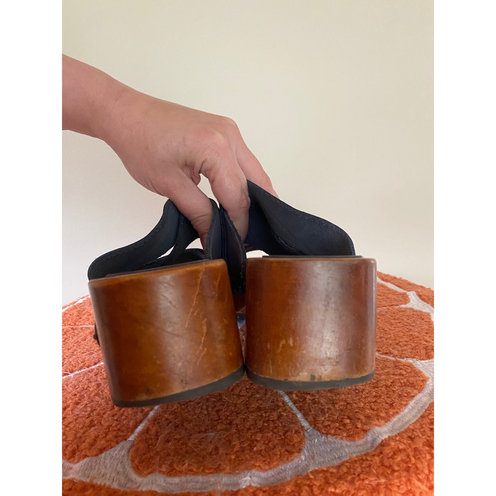 Euc Candies Vintage Wooden & Leather Clogs Sz 6.5 Blue — image 3 of 6